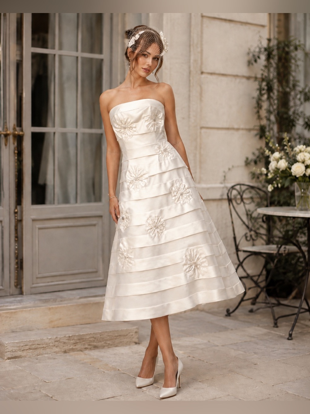 Strapless Ivory Satin Floral Appliqué Wedding Dress Galina David’s Bridal Sz 4